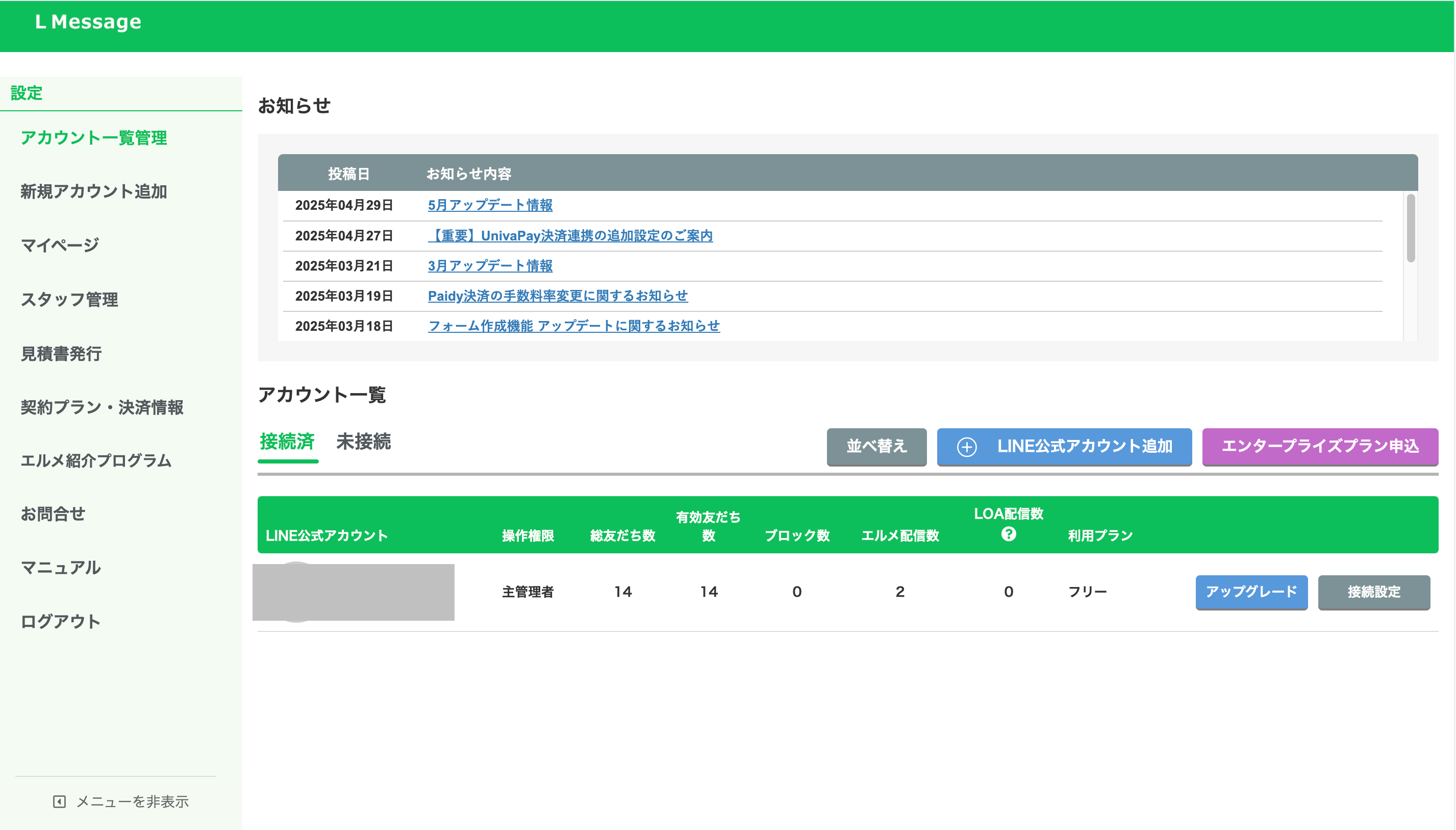 アカウント一覧の画面。各行にアップグレードボタン