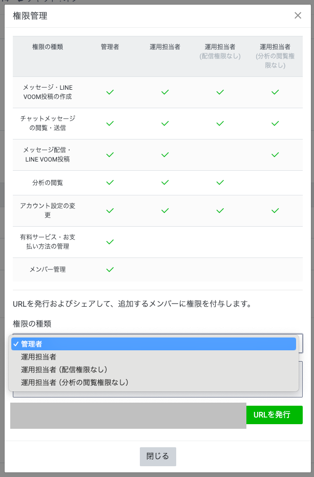 権限の種類のプルダウン。管理者と運用担当者3種